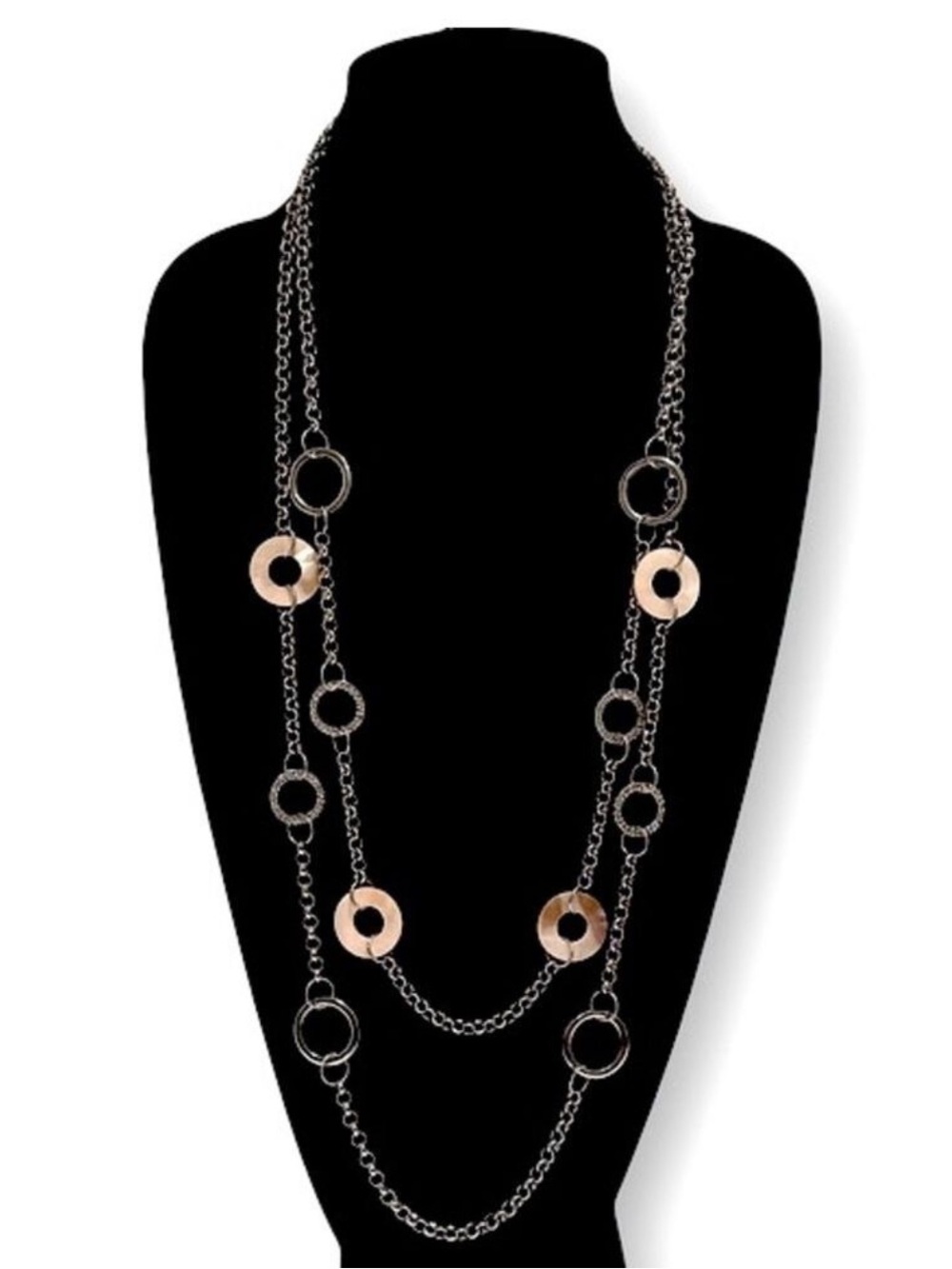 CHICO’s Modern Bold Dual Strand Silver Chain & Pink Disc Station Necklace | NEW